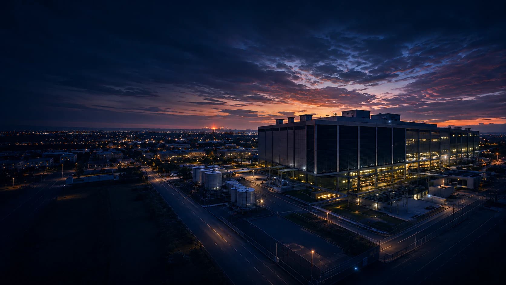 Aerial view of a mission-critical data center campus at dusk
